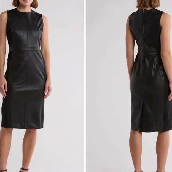 SPANX WOMENS BLACK LEATHER LIKE COMBO FITTED SHEATH DRESS BLACK Sz 1X NEW - Picture 1 of 14